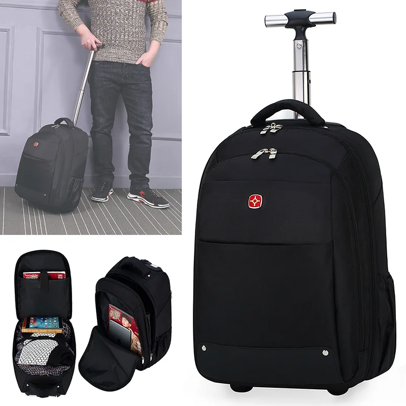 Men Women Waterproof Rolling Trolley Black Laptop Backpack Polyester Carry On BagPack OEM Travel Backpack