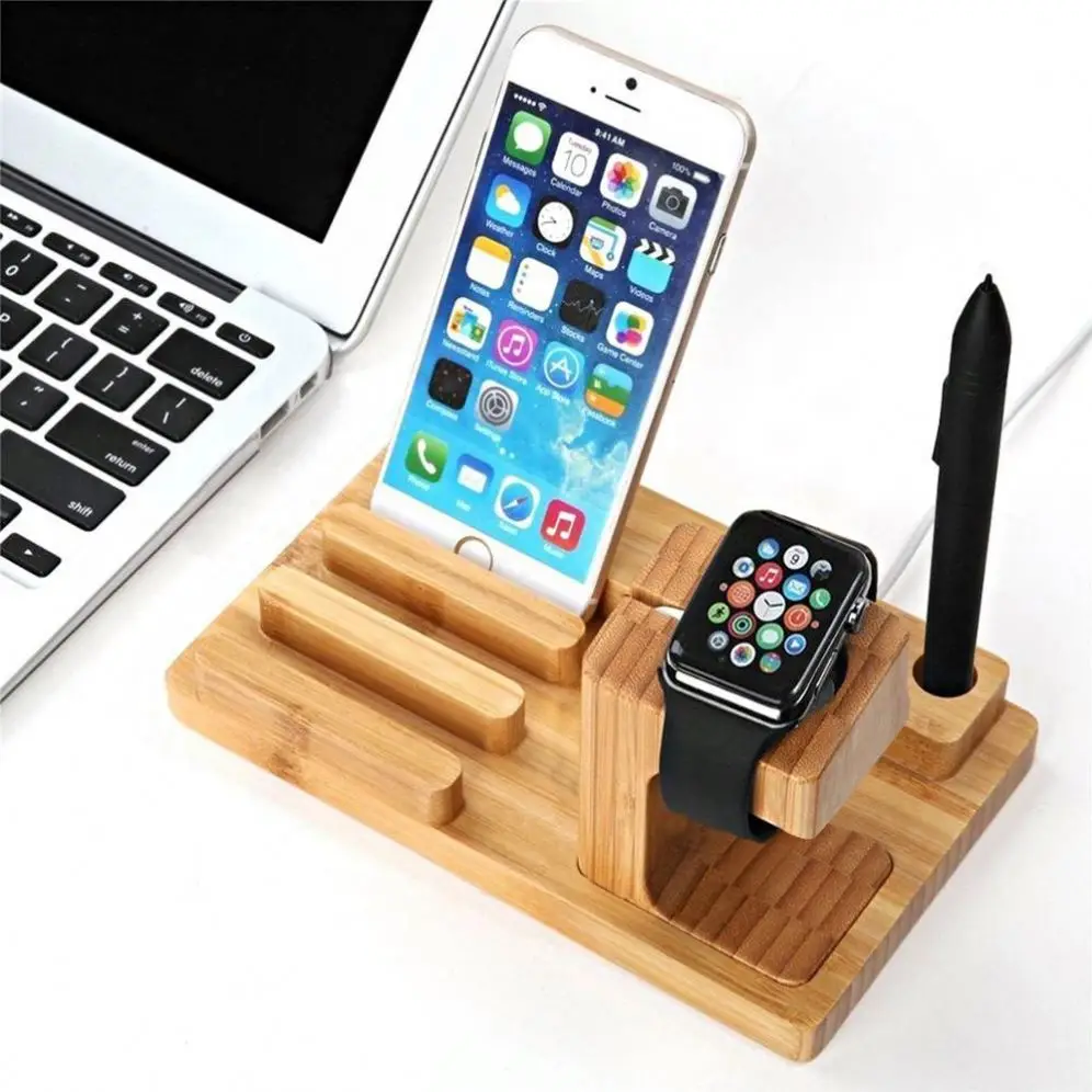 Watch Stand Wood Charging Dock Station With 4-Port Usb,Multi-Device Organizer Cradle Bamboo Holder For