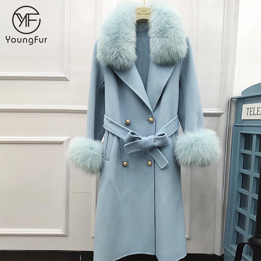Celebrity winter clothes double breasted overcoat fox fur trimmed women jacket long length winter wool coats