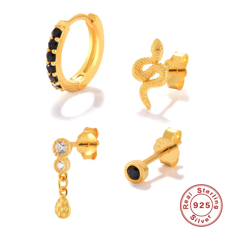 QLEESI Women Jewelry S925 Sterling Silver White Black Diamond Snake Shape Hoop Stud Earrings Set