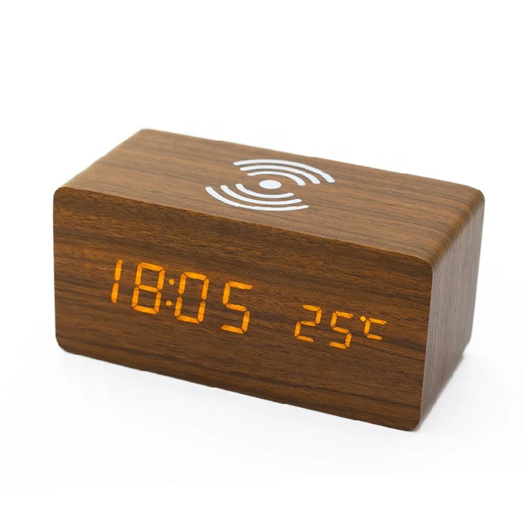 EMAF hot-sale Mobile phone Qi wireless charging wooden alarm clock with temperature date display