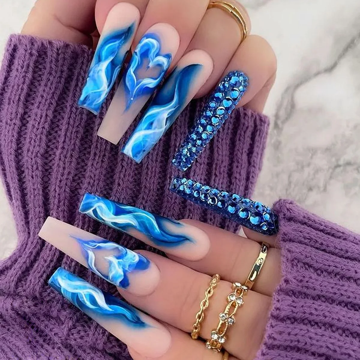 Low Moq Design Love Sequins Blue Long Coffin Nail Tips Gel Polish Acrylic Long Tips Coffin Designed Press on Nails