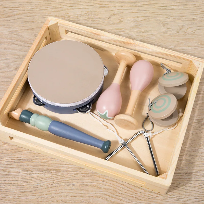 Wholesale Musical Instrument Set Wooden Tambourine 5 pcs Wooden Toddler Musical Instrument Toy For Kids Preschool Percussion