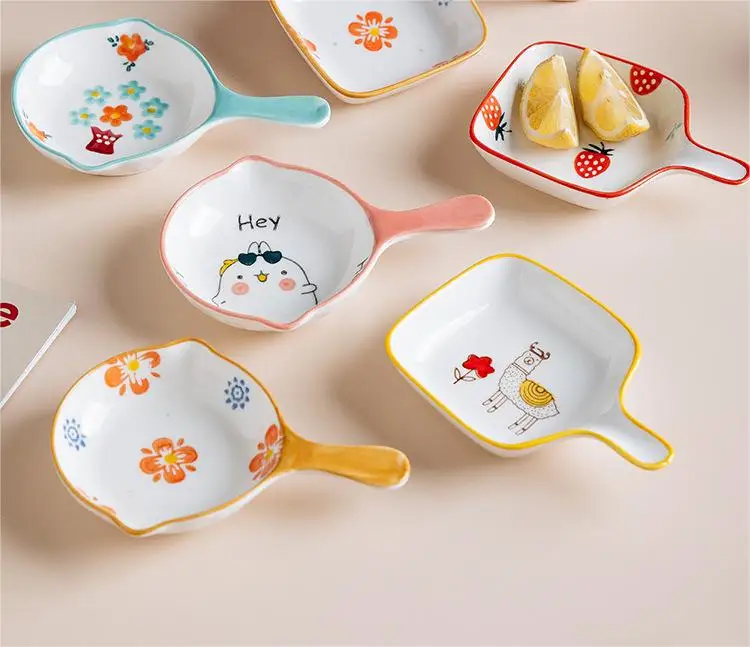 Custom Cute Style Household Breakfast Dessert Durable Glazed Porcelain Ceramic Plate with Handle