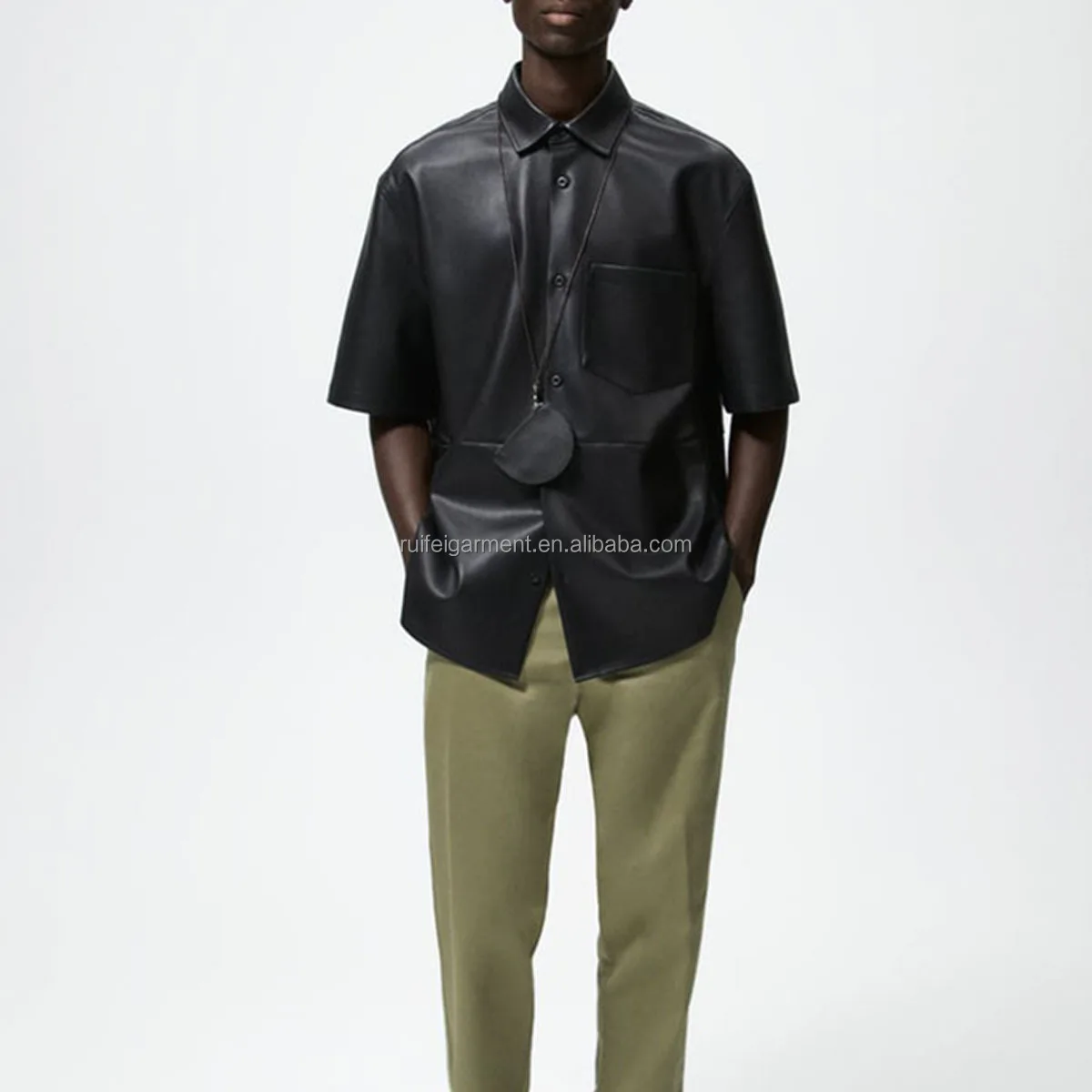 2137-R- mens leather shirts chest patch pocket leather t shirt yarn collared short sleeve leather shirt for men