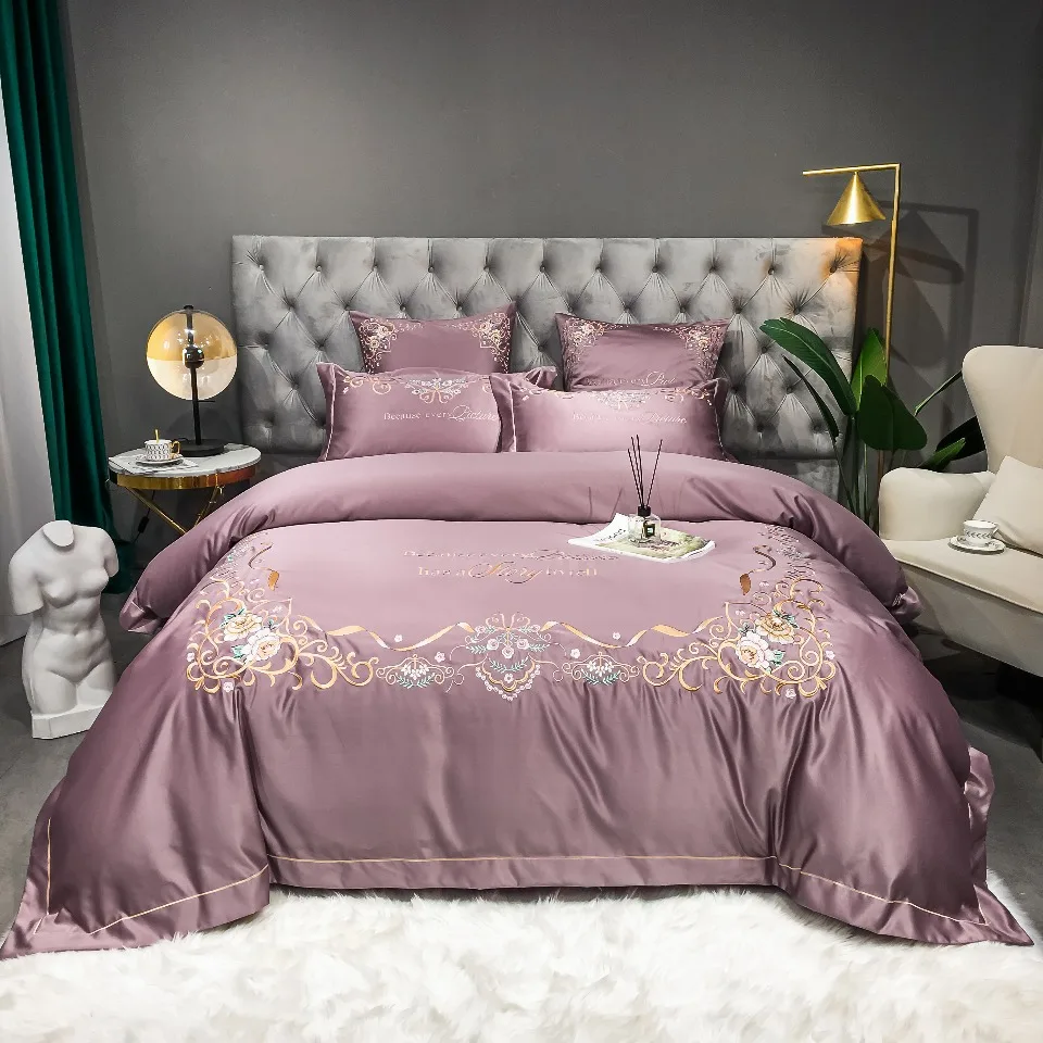 Modern Light Luxury Style Soft Embroidery 500tc Satin cotton bed sheets duvet bedding set