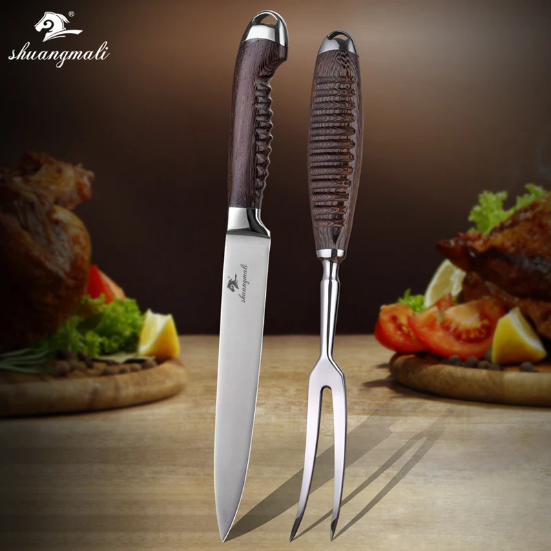 
Thanksgiving 2PCS Stainless Steel Carving Knife and Fork Kitchen Tool Set With Nature Wood Handle 