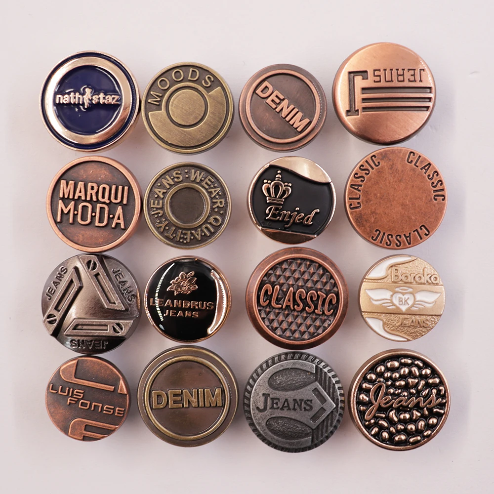 Jinyi Button Factory Custom Engraved Emboss Classic Logo Pattern Cloth Jacket Button Vintage Metal Denim Jeans Button and Rivets