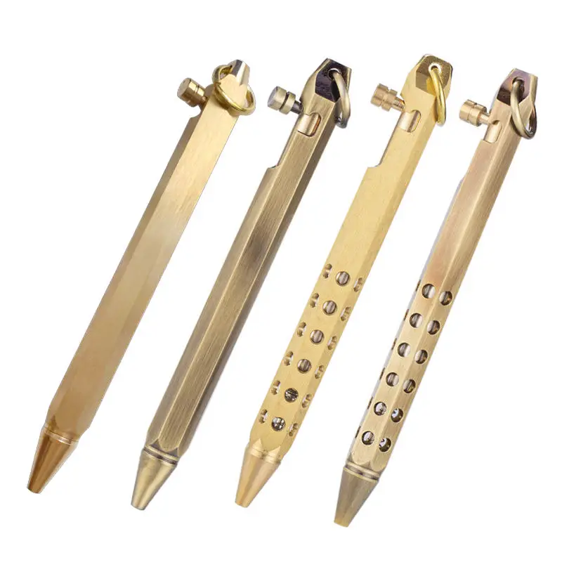 2023 Vintage solid brass hexagonal shaped bolt action ballpen bronze brushed treatment holes EDC pocket Metal Pens for gifts