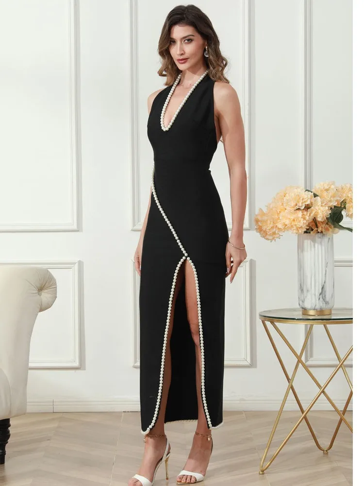 Black women long party dress pearl trim Deep V High Slit ladies sexy backless club maxi elegant knitted dress