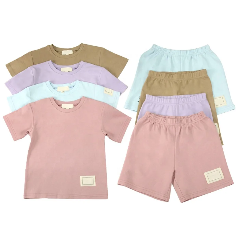 Customize Logo Colors Children Outfits Kids Clothing Cotton Sets Unisex Boy Girl Summer 2 Piece T Shirt Short Set