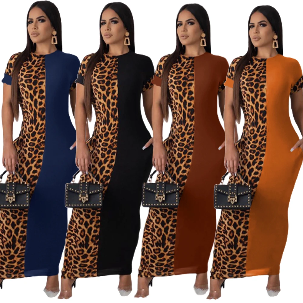 2021 Summer Patchwork Fashion Women Elegant Casual Dresses Ladies Short Sleeves Leopard Print Maxi Dress