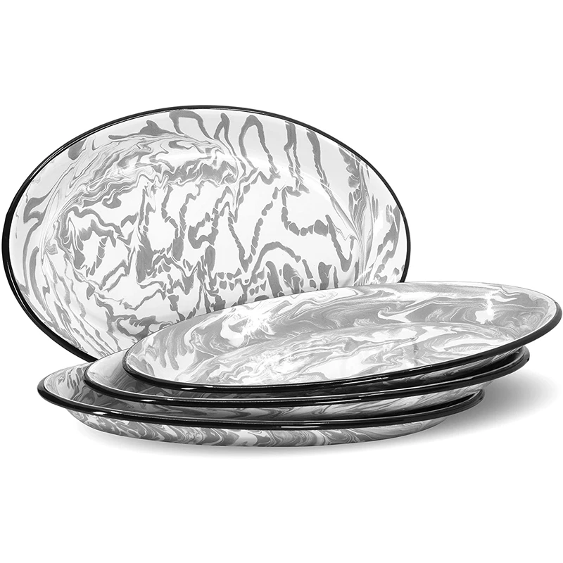 Factory Wholesale Custom Printed White Round Steel Enamel Metal Camping Soup Dish Plates With Black Rim