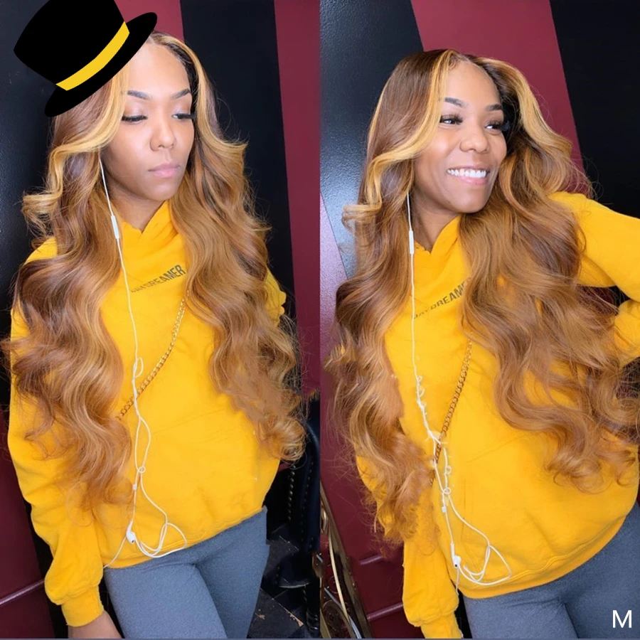 Ombre Honey Brown Color Highlight Body Wave Full Mink Pre Plucked Cuticle Aligned Human Hair HD Lace Front Wigs