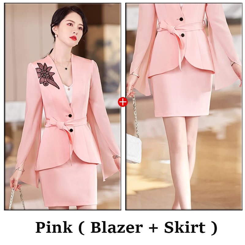 Wholesale 2 Pieces High Quality Set Slit Sleeves Women Pink Blazer Skirt Suits Office Lady Elegant Soft Jacket and Short Skirt