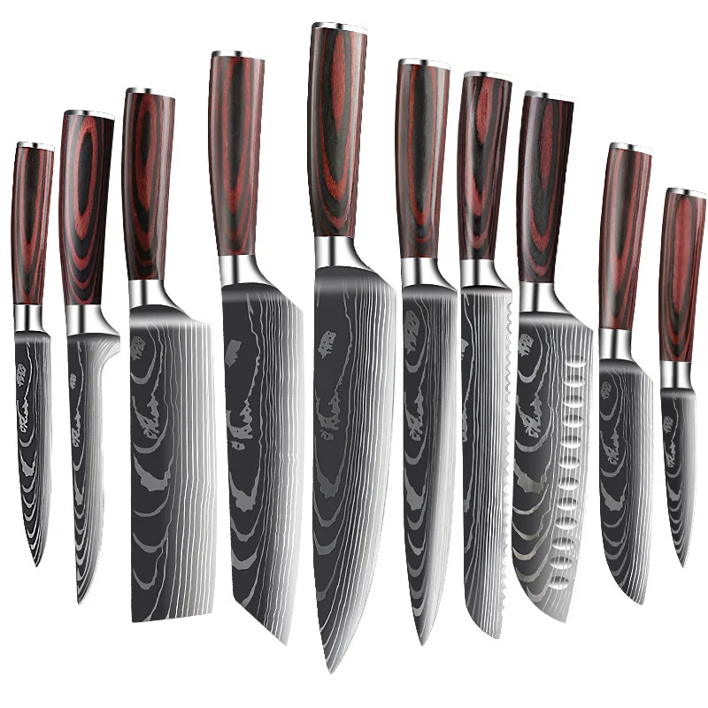 Color Wood Handle Damascus Laser Pattern Knives Set 4cr14 Stainless Steel Japanese Kitchen Knife