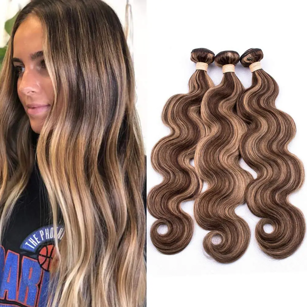 10-40 inch Brown Blonde Highlighted Color Human Hair Extensions, High Light Piano Color Brazilian Hair Bundles With Lace Frontal