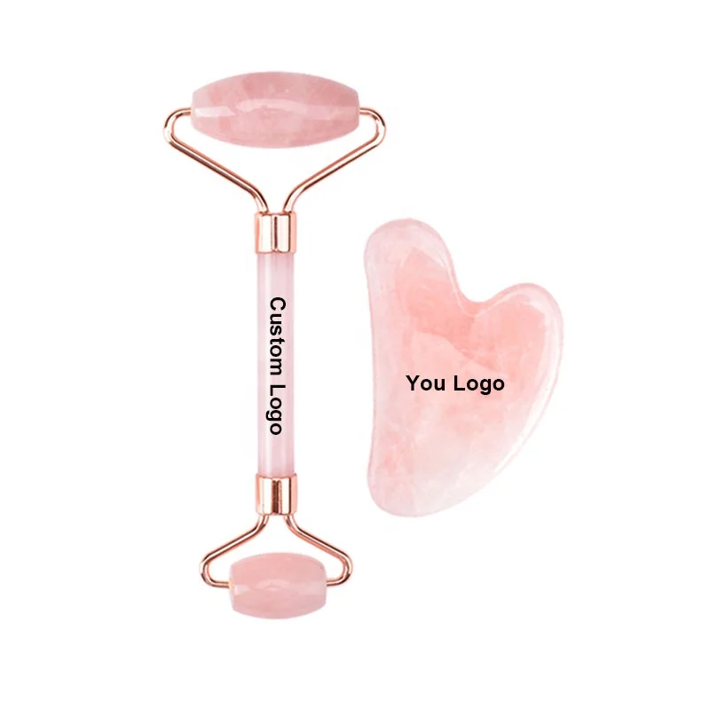 Hanhe Wholesale Face Massage Roller Guasha Set Custom Logo Natural Stone Facial Massager Rose Quartz Jade Roller and Gua Sha Set