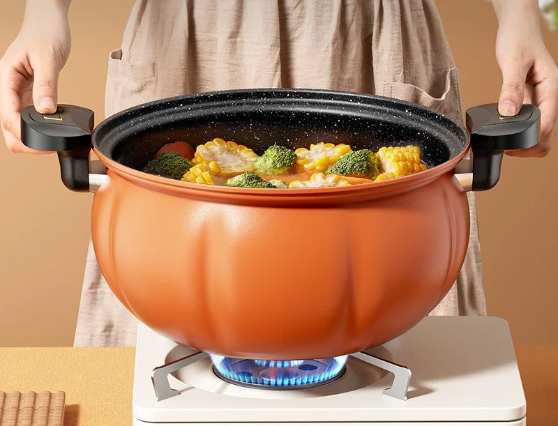 8L Large Capacity Micro Pressure Soup Stew Pot Korean-Style Multi-Functional Non-Stick Steel Pot with Pumpkin Design Medical Use
