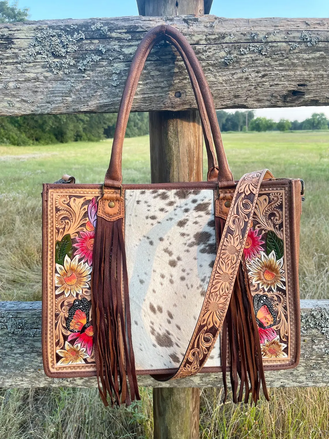 Western Hand Tooled Leather Purse Hair on Cowhide American Darling Western Crossbody Purse Laptop Handbag Wholesale Manufacturer