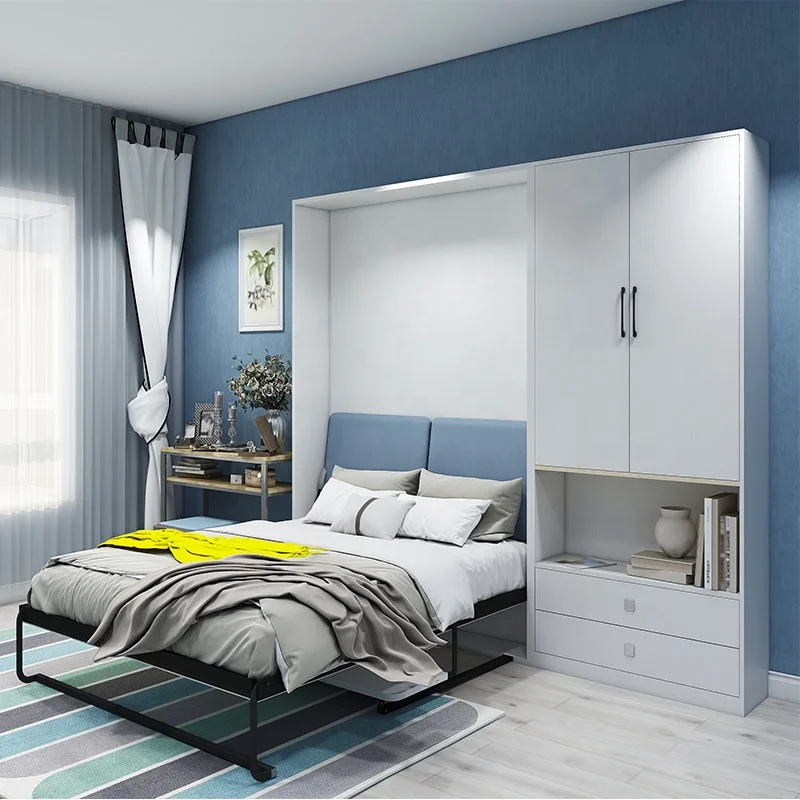 Space Saving Solutions Plywood Material Double Flip Wall Bed With Shelves and Cupboard