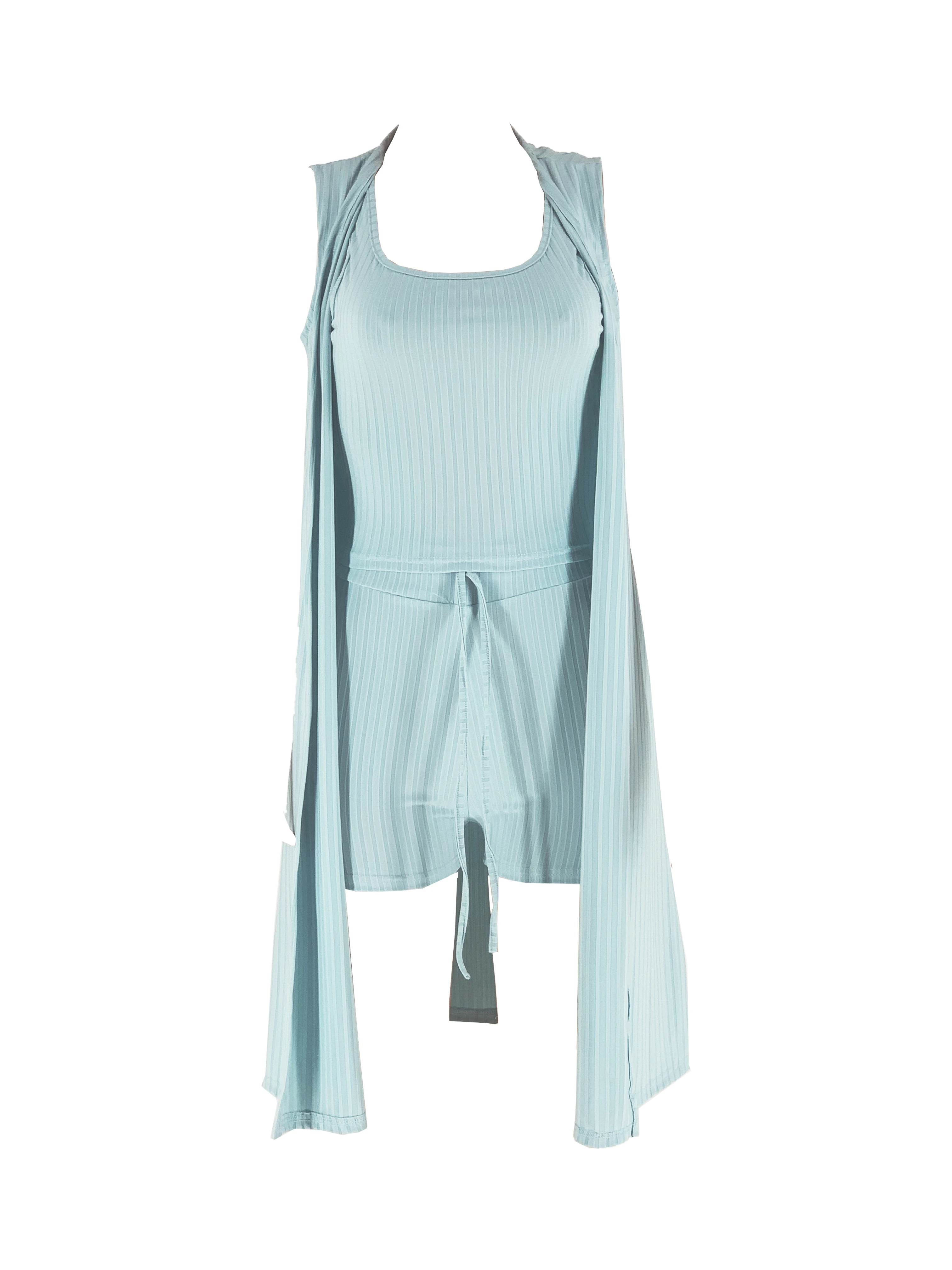 Newest Design Solid Color Outfits  Solid Pit Just Chill Vest Top & Shorts 3-Piece Set with Long Sleeveless Coat