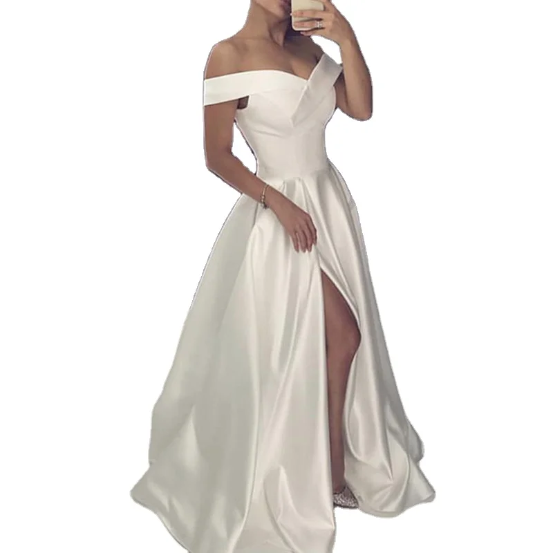 Elegant White Satin Fabric Off Shoulder Bridal Gowns Split Front Noble Wedding Dress 2020 Vestido de novia