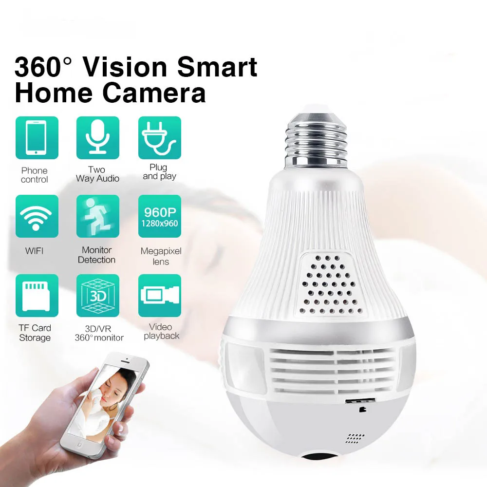 360 Degree Panoramic Smart Fisheye Camera 1080P LED Light Night Vision Webcam Hidden Recorder Wifi CCTV Bulb Light Camera