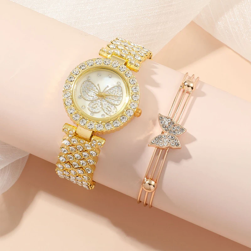 Fancy Ice Out Shiny Diamond Butterflies Ring Earrings Necklace Bracelet Watch Gift Set For Women