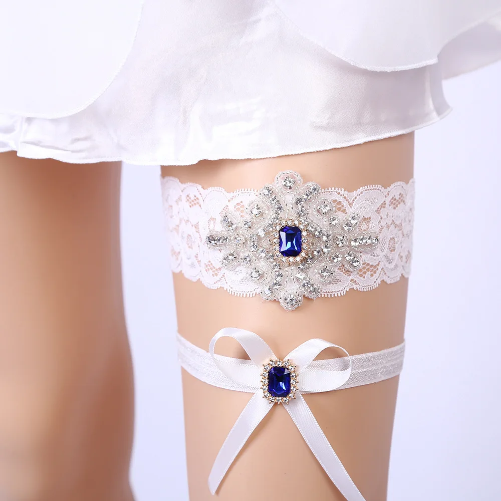 MULHERELFO Lace 2pcs/Set Wedding Garter Blue rhinestones Garters for Women Bride Thigh Ring
