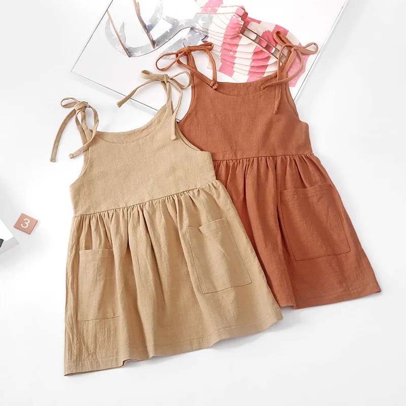 Ins Hot New Baby Girls Cotton Hemp Adjustable Sling Summer Dress for 1-6 Kids Suspender Dress