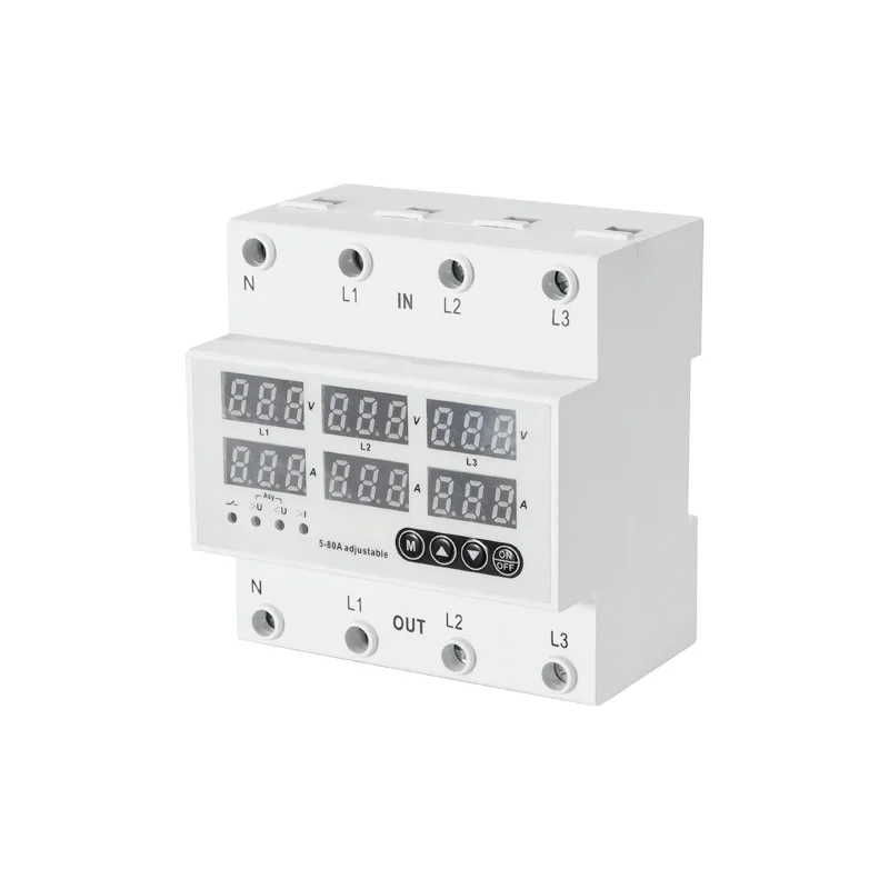 80A 3P+N Three-Phase Adjustable Voltage And Current Relay Protector Adjustable Current Limiter Protection Overcurrent Protection