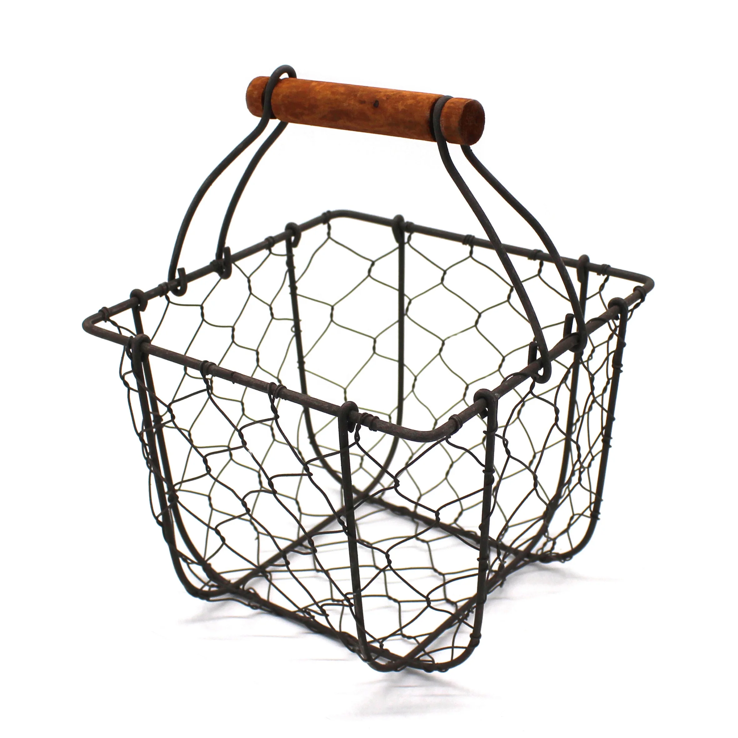 
Square Chicken Wire Egg Basket Fruit Basket with Wooden Handle Primitives Vintage Gathering Basket. Rusty 