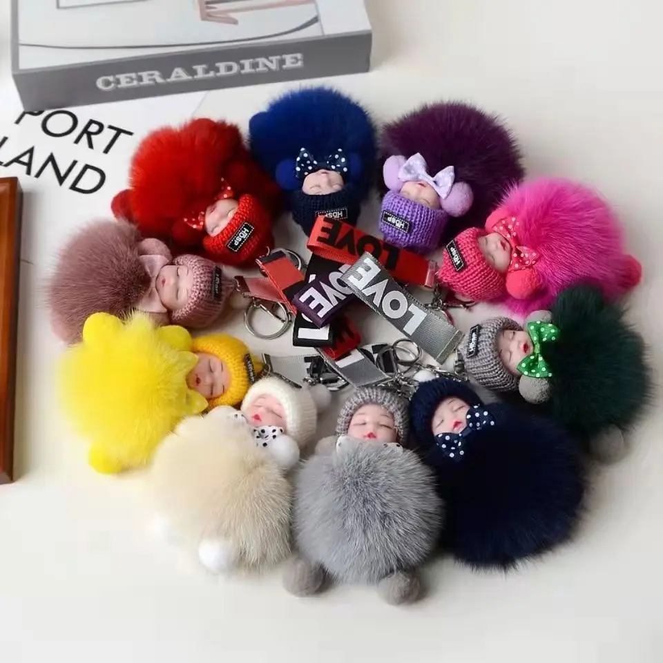 Wholesale Puff Ball Real Fox Fur Ball Pendant Key Chain Cute Sleeping Doll Plush Accessories Car KeyRing Pompom