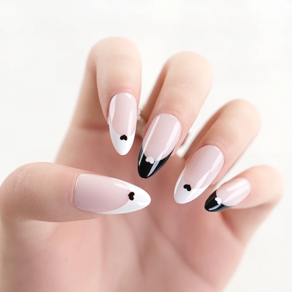 Verified Manufacturers Supply High Quality Press On Nails French Black Heart Almond Stiletto Shape Acrylic False Nail Kit