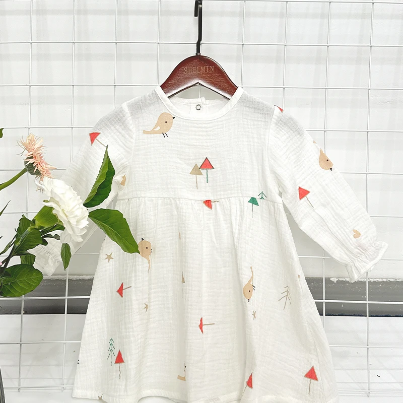 100%Cotton Double Layers Crinkle Crepe Printed Long Sleeve Children Girl Baby Dress