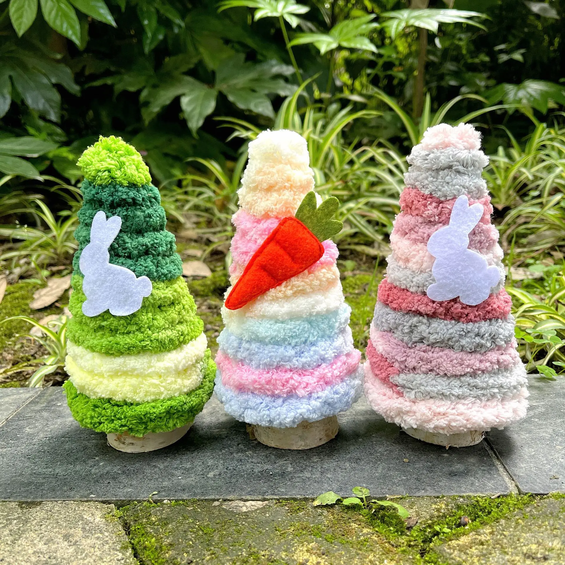 Easter Day Decor Handmade Plush Tree with Felt Bunny & Carrot On Table Ornaments with for Party Home Office Easter Supplies