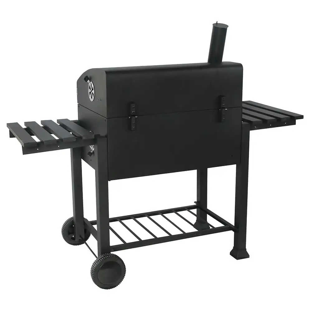 Square Trolley Cast Iron Grill Smoker with Chimney Charcoal Barbecue with Lid