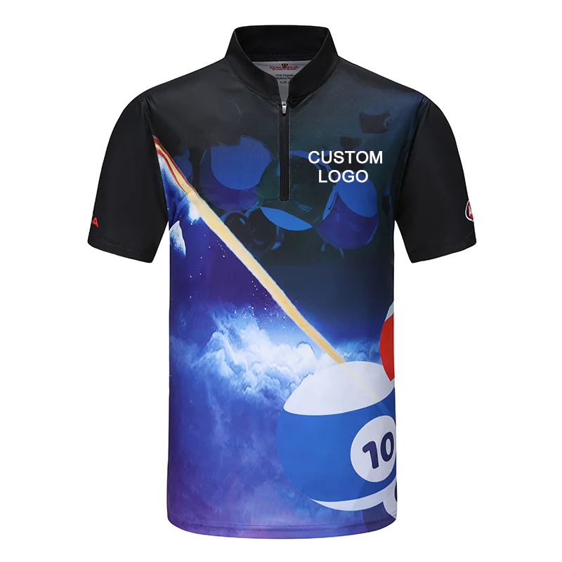High quality wholesale 140gsm 100% polyester interlock sport theme billiard zipper custom logo sublimation tshirts for men