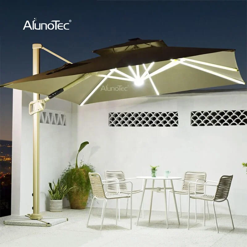 Luxury Outdoor Marble Base Cafe Sun Umbrellas Pergola Cover Parasols Square Patio Umbrella with Solar Light