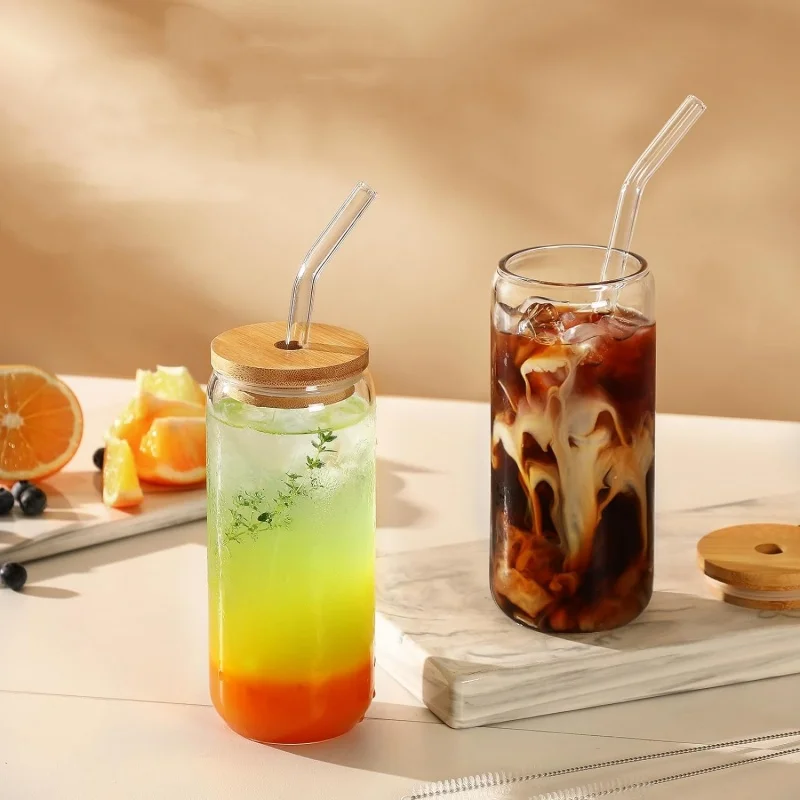 Free Sample 12oz 16oz 20oz frosted clear sublimation Glass Beer Can  glass cup jars with bamboo lid and straw