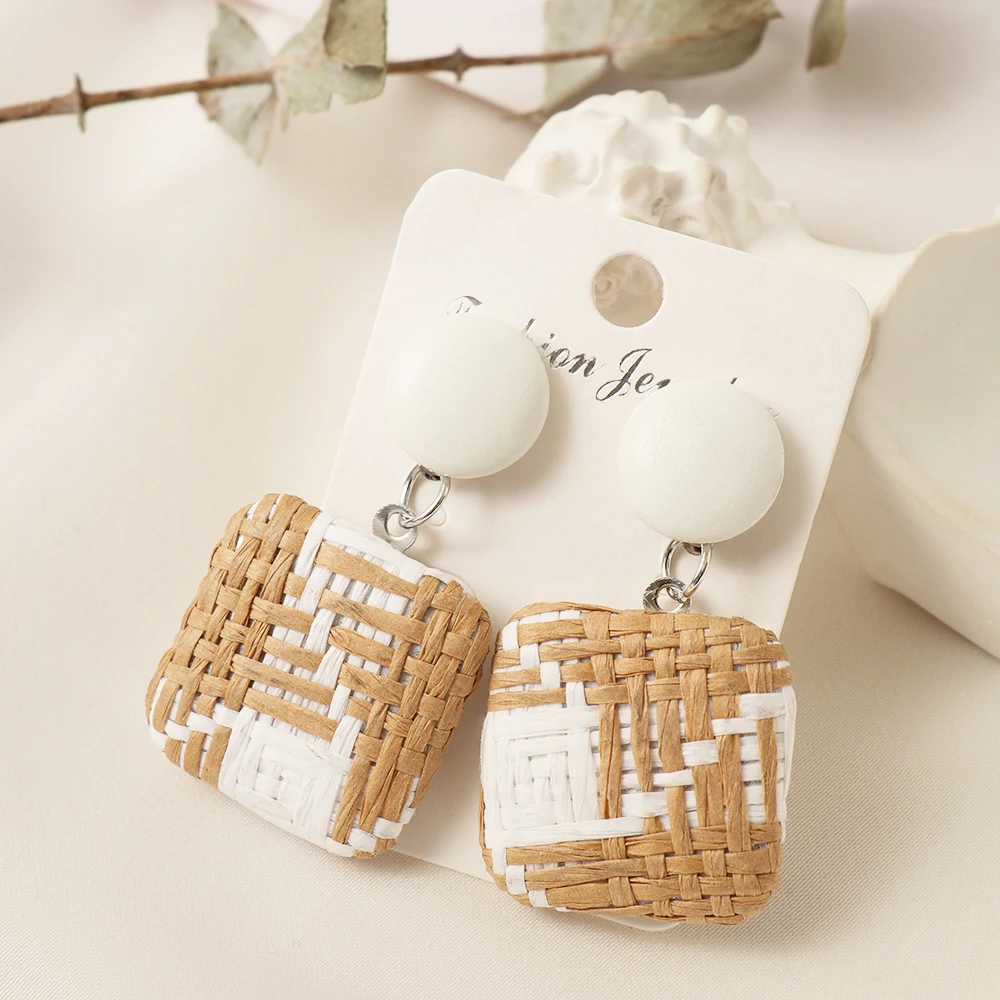 
Handmade Bohemian Wooden Rattan Wicker Straw Drop Earrings for Women Girls Vintage Geometric Statement Earrings piercing brincos 
