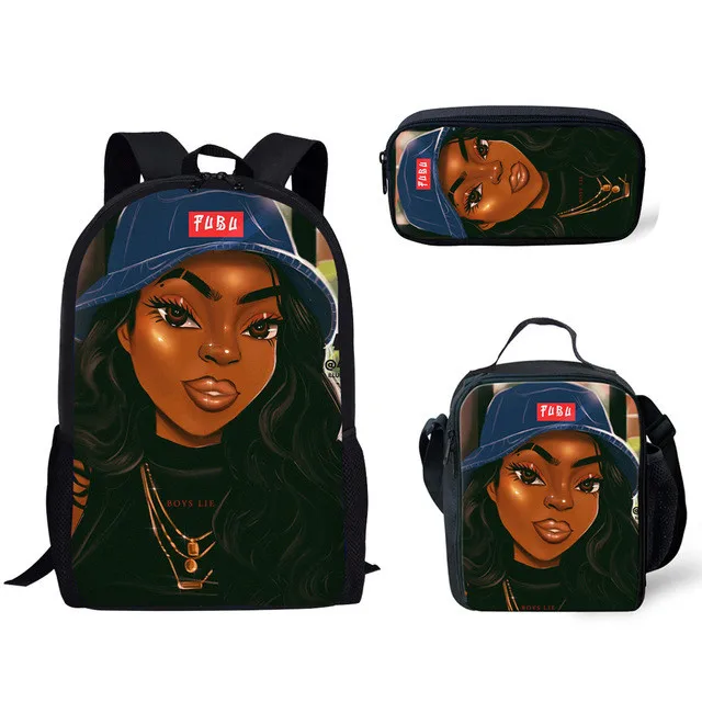 
3Pieces School Bag Sets For Girls Black African Designers Fashion Bookbags Backpack For School Polyester School Bag Kids 