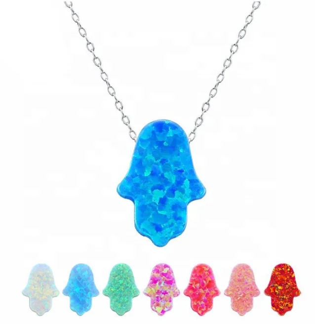 Wholesale 925 Sterling Silver Opal Hamsa Hand Pendant Necklace Jewelry / Synethic Opal Hamsa Necklace/Opal Charm Necklace