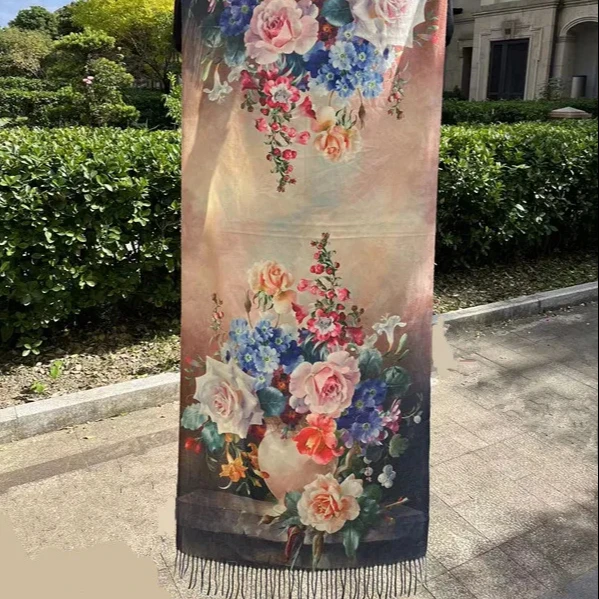 print cheap double sided custom Long Knitted Scarves Autumn rave purple Pashmina Jacquard Shawls wholesale