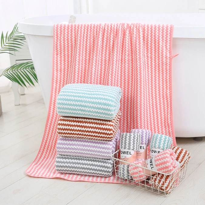 Microfiber Coral Fleece Bath Towels Set Flannel Towels-High Density Fashion Wave Pattern Bath Towels