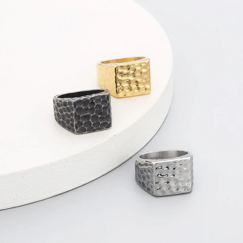 Fashion stainless steel square ring custom signet non tarnish vintage malleolar stria wholesale boys rings