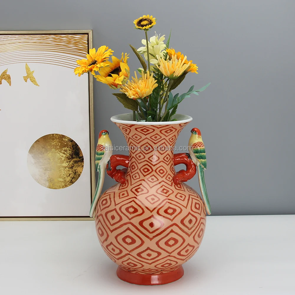 V108 Oriental style bird handle red porcelain vases hand painted chinois antique vase for decoration