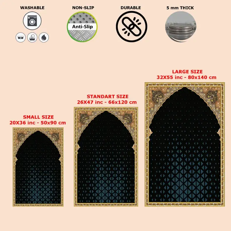 Luxury Dark Blue Musallah Thick Islamic Prayer Mat Washable Muslim Prayer Rug with Anti Slip Backing