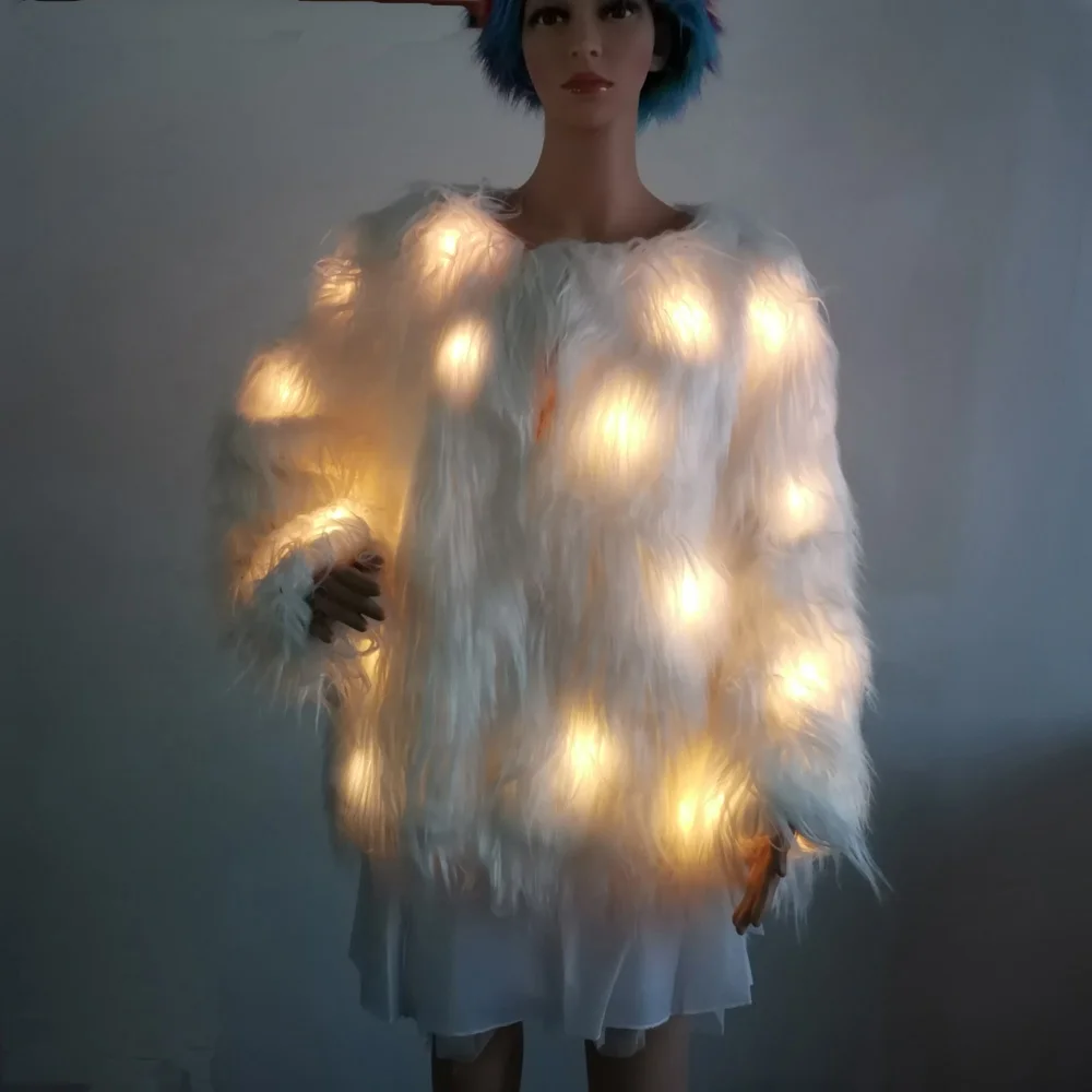 
winter women white color imitation long fur coat warm yellow LED lights 